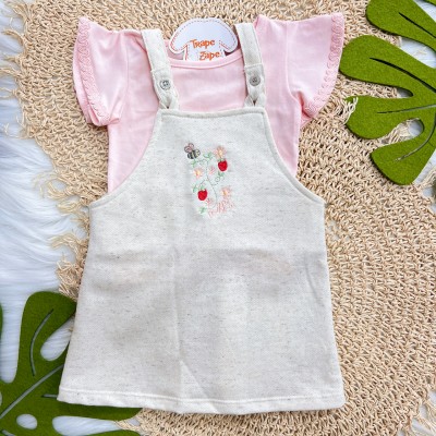 Conj. Blusa Manga Rendada e Salopete Moranguinhos e Abelhinha - Areia e Rose